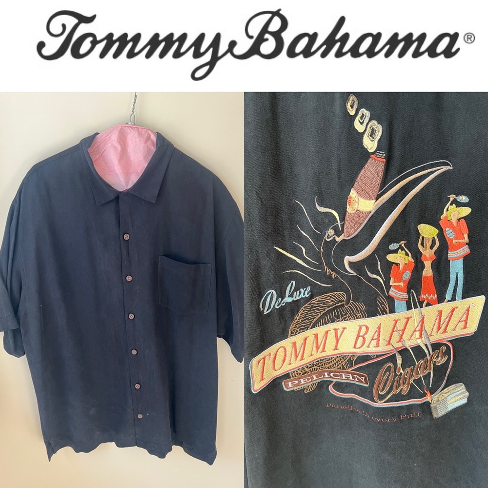 Vintage Tommy Bahama Pelican Cigars Embroidered Back Silk Shirt Men’s Large L